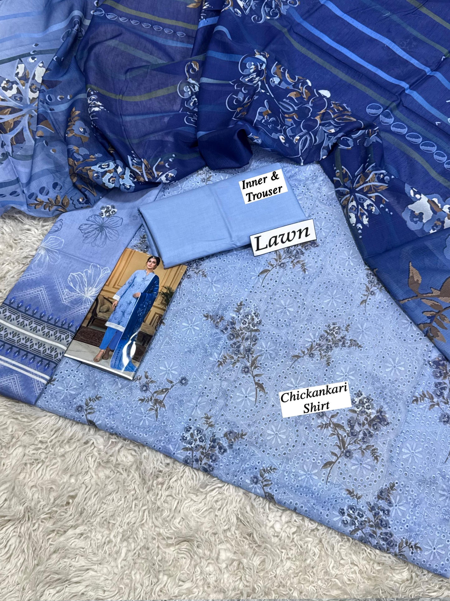 Lawn Digital Print 3pc Heavy Chikankari Embroidered Shirt With Lawn Dupatta