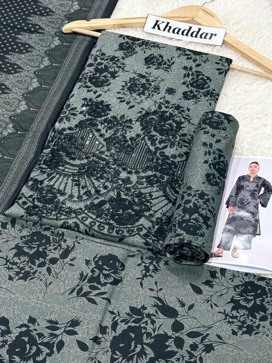 KHADDAR 3PCS GREYISH FULL EMBROIDERED