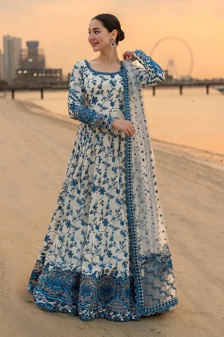 FAIZA SAQLAIN-FROCK 3PC LAWN EMBROIDERED SHIRT WITH NET EMBROIDERED DUPATTA AND TROUSER