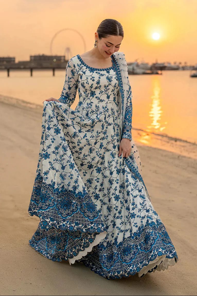 FAIZA SAQLAIN-FROCK 3PC LAWN EMBROIDERED SHIRT WITH NET EMBROIDERED DUPATTA AND TROUSER