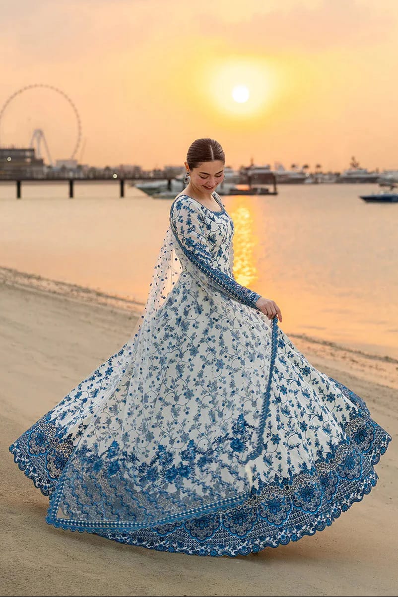 FAIZA SAQLAIN-FROCK 3PC LAWN EMBROIDERED SHIRT WITH NET EMBROIDERED DUPATTA AND TROUSER