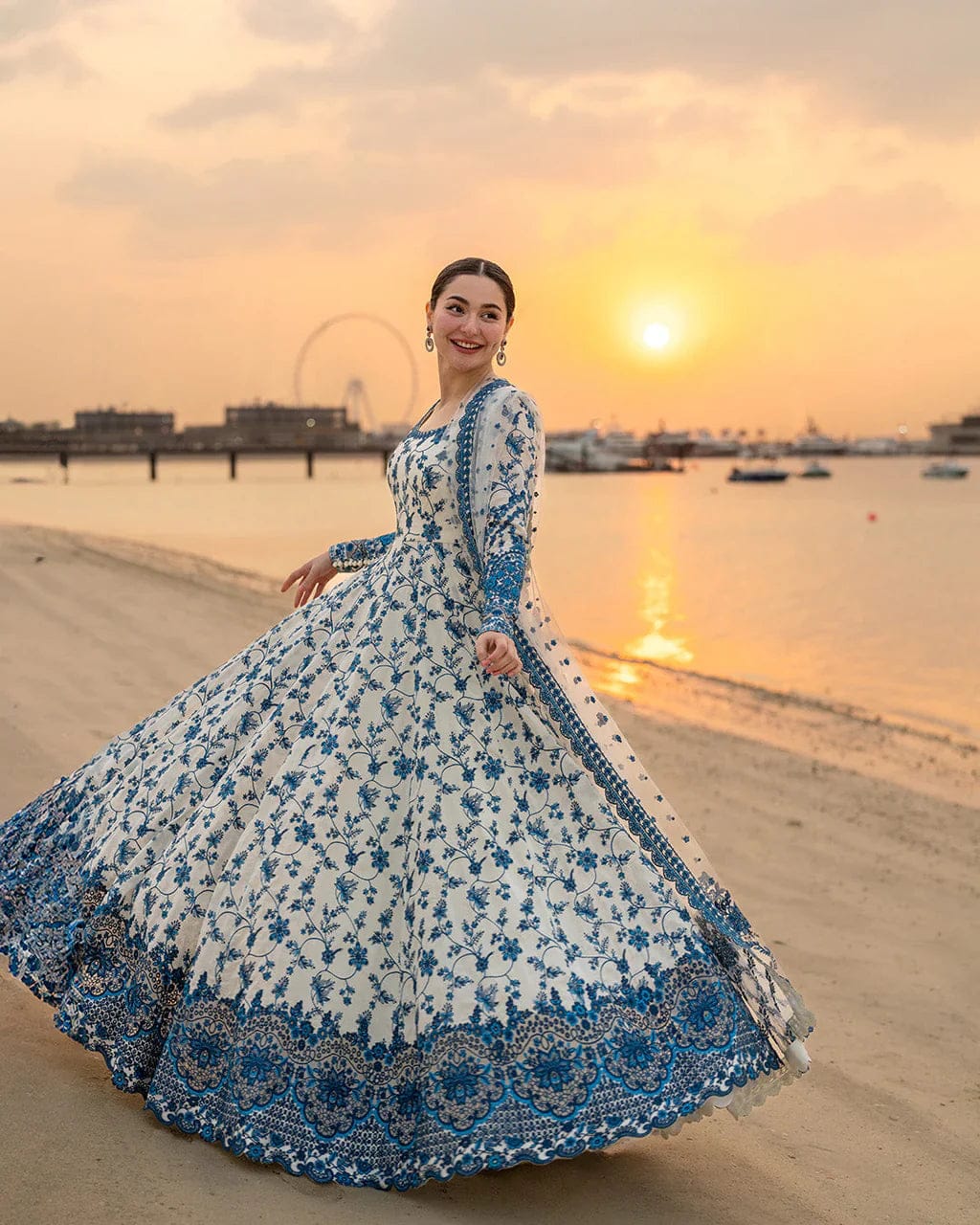 FAIZA SAQLAIN-FROCK 3PC LAWN EMBROIDERED SHIRT WITH NET EMBROIDERED DUPATTA AND TROUSER