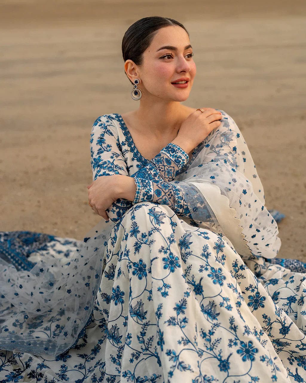 FAIZA SAQLAIN-FROCK 3PC LAWN EMBROIDERED SHIRT WITH NET EMBROIDERED DUPATTA AND TROUSER