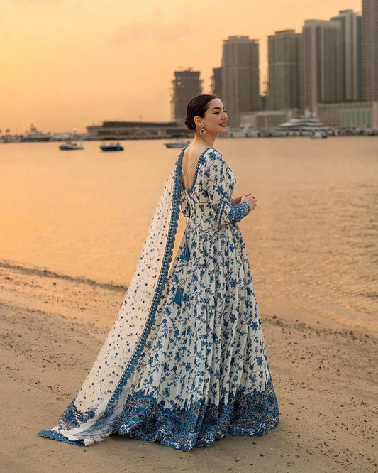 FAIZA SAQLAIN-FROCK 3PC LAWN EMBROIDERED SHIRT WITH NET EMBROIDERED DUPATTA AND TROUSER