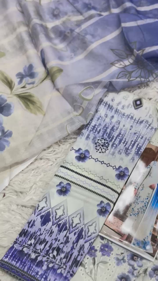 Lawn Digital Print 3pc Heavy Chikankari Embroidered Shirt With Lawn Dupatta