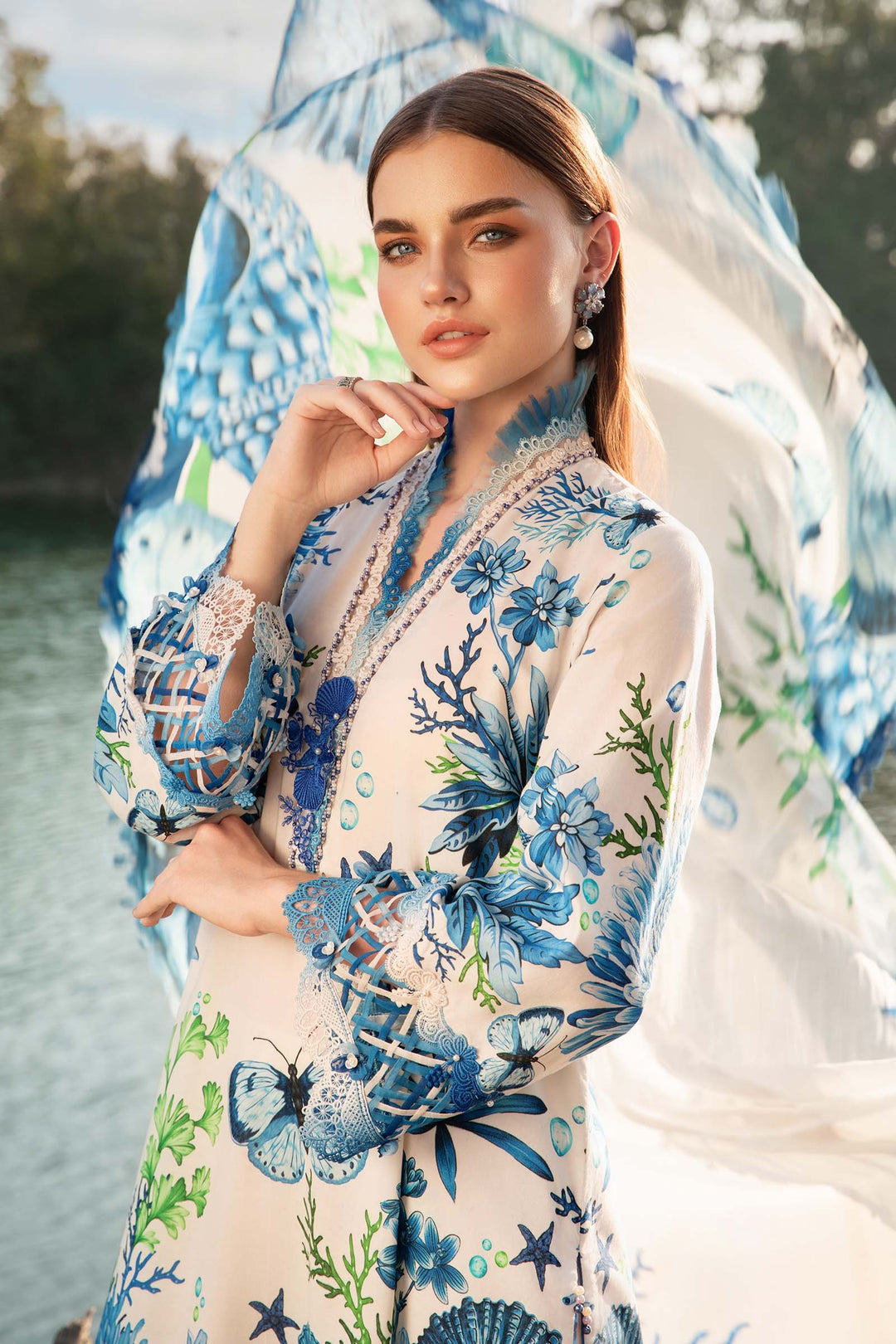 Maria B | Unstitched blueish Lawn 3pcs With Chiffon Dupatta Eid Collection & Patches