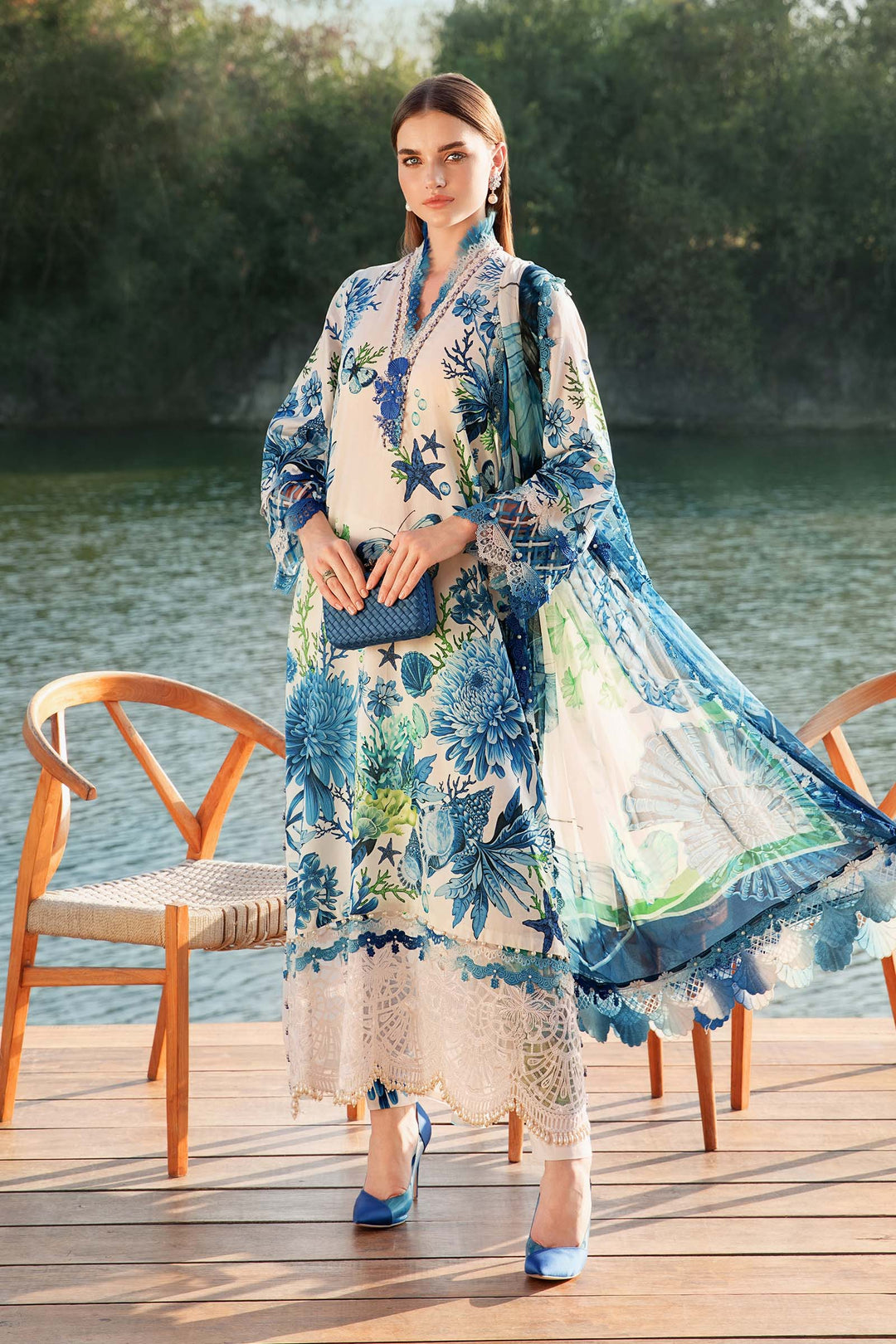 Maria B | Unstitched blueish Lawn 3pcs With Chiffon Dupatta Eid Collection & Patches