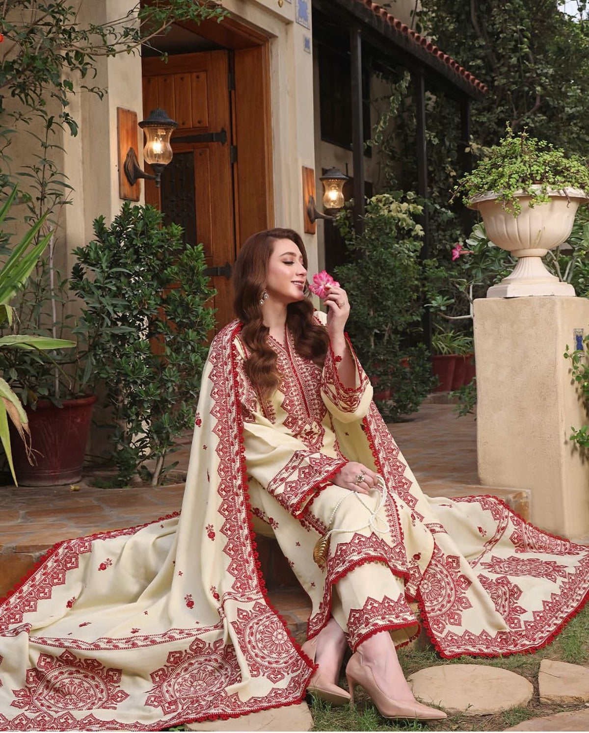 Embroidered 3pcs Dhanak Dress With Premium digital printed Shawl. Red