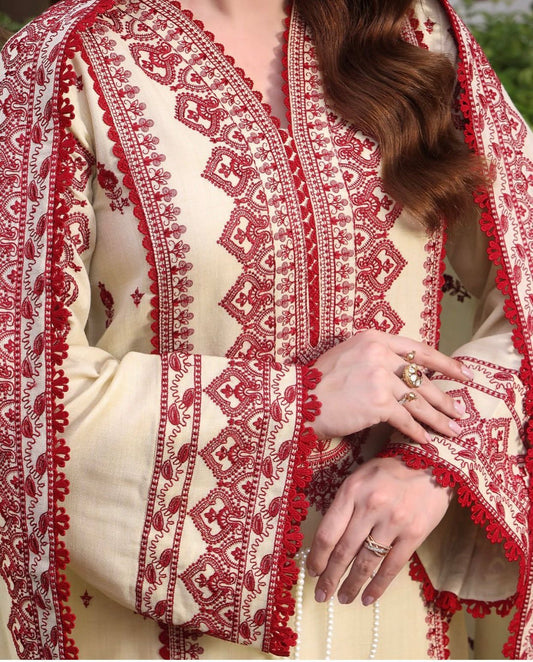 Embroidered 3pcs Dhanak Dress With Premium digital printed Shawl. Red