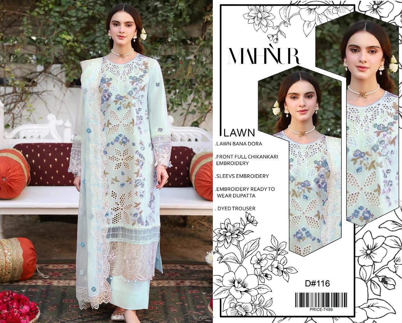 MAHNUR Banadora Lawn Heavy Chikankari 3PCS Suit