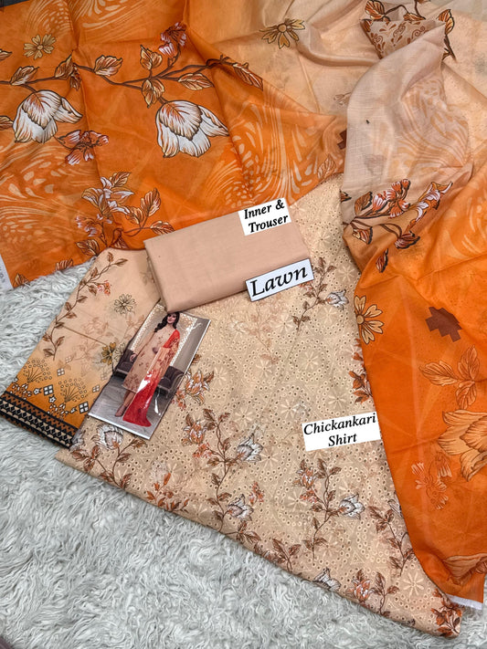 Lawn Digital Print 3pc Heavy Chikankari Embroidered Shirt With Lawn Dupatta