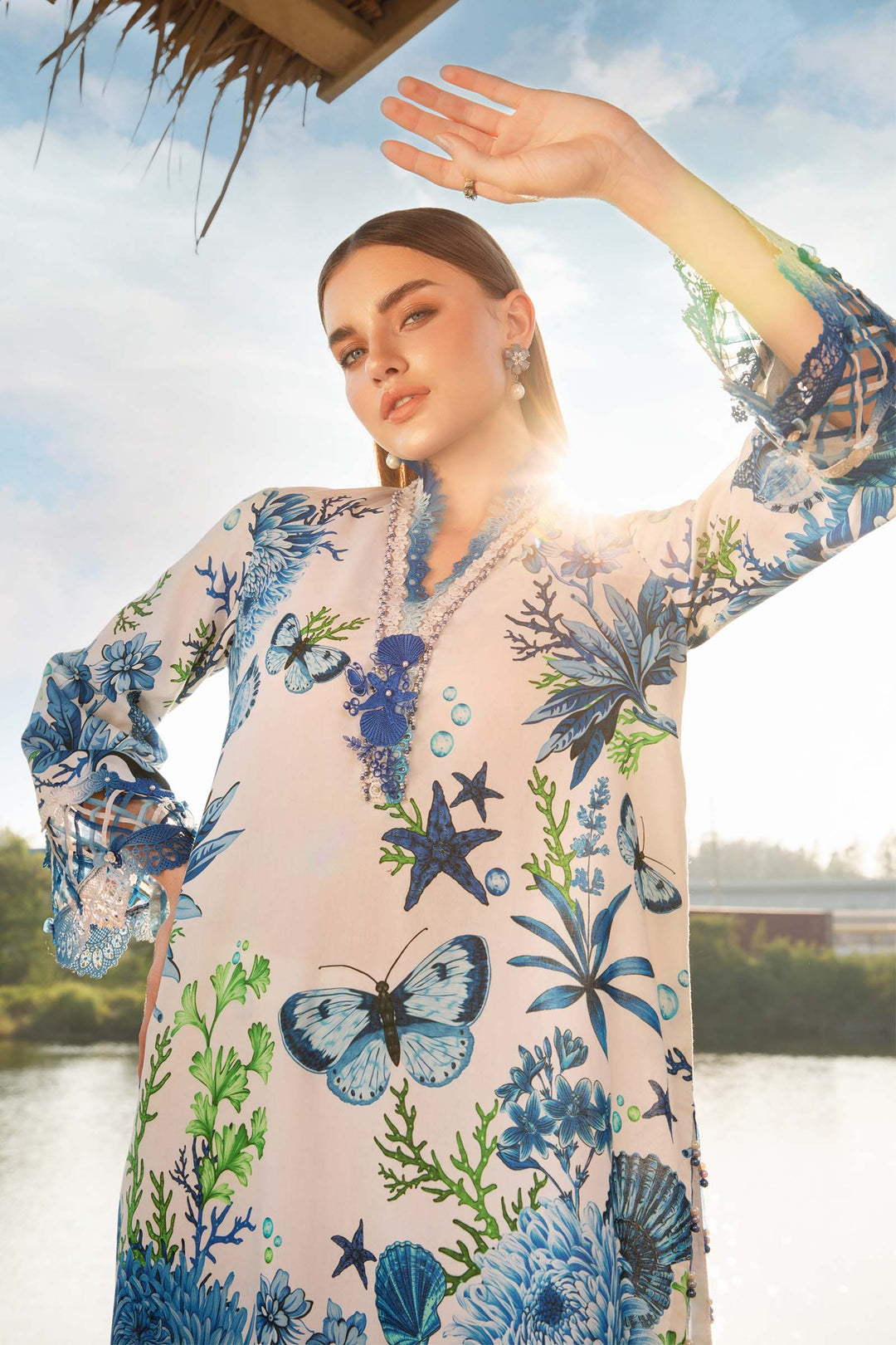Maria B | Unstitched blueish Lawn 3pcs With Chiffon Dupatta Eid Collection & Patches