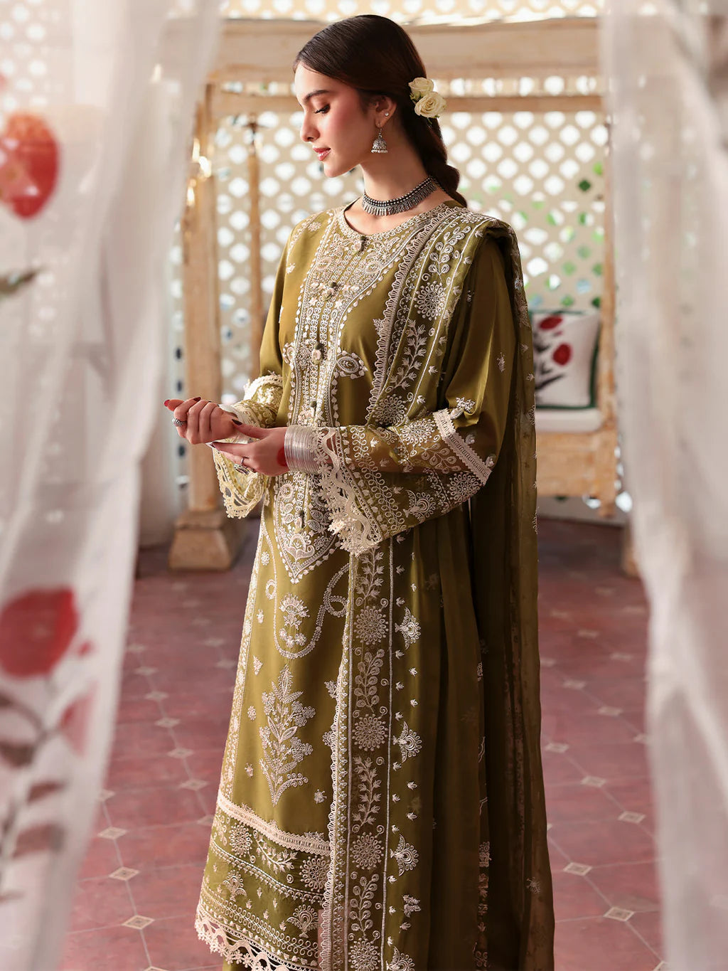 MAHNUR-3PC LAWN EMBROIDERED SHIRT WITH LAWN EMBROIDERED DUPATTA & TROUSER