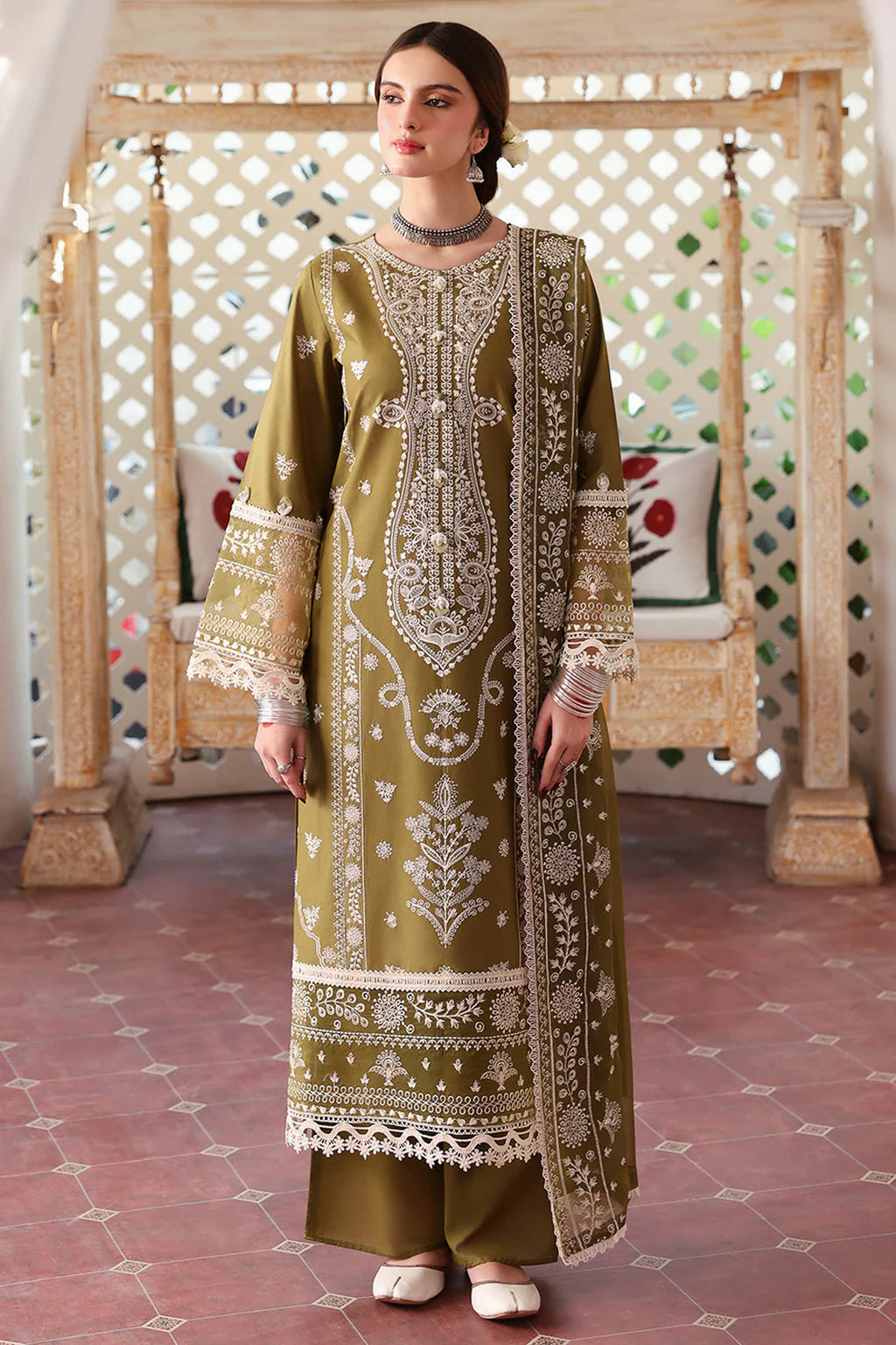 MAHNUR-3PC LAWN EMBROIDERED SHIRT WITH LAWN EMBROIDERED DUPATTA & TROUSER